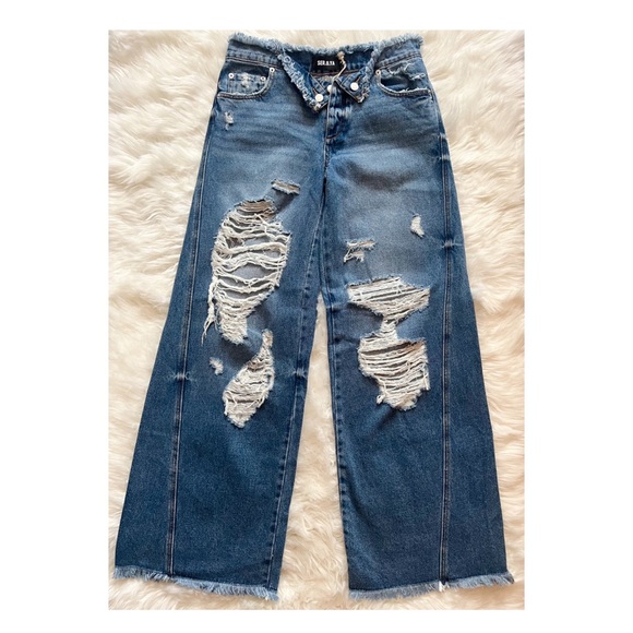 New! SER.O.YA “Ollie” Fold Over Wide Leg Distressed Jeans in Bayside Blue - Picture 7 of 13